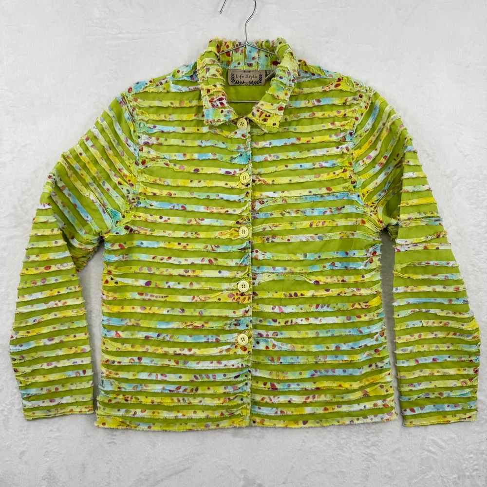 Life Style Raw Ribbon Ruffle Green & Pastel Shirt Button Front Fringe Colorful L